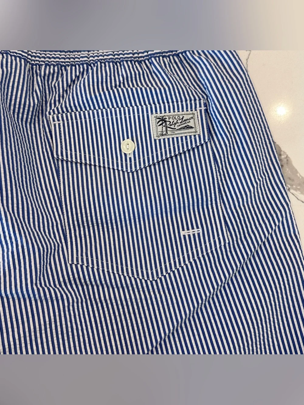 Polo Ralph Lauren Seersucker Swim Trunks Blue White Stripe Mesh Lined Large NWT